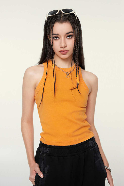Washed Cotton-Stretch Fitted Cropped Tank Top in Orange - front modeled view