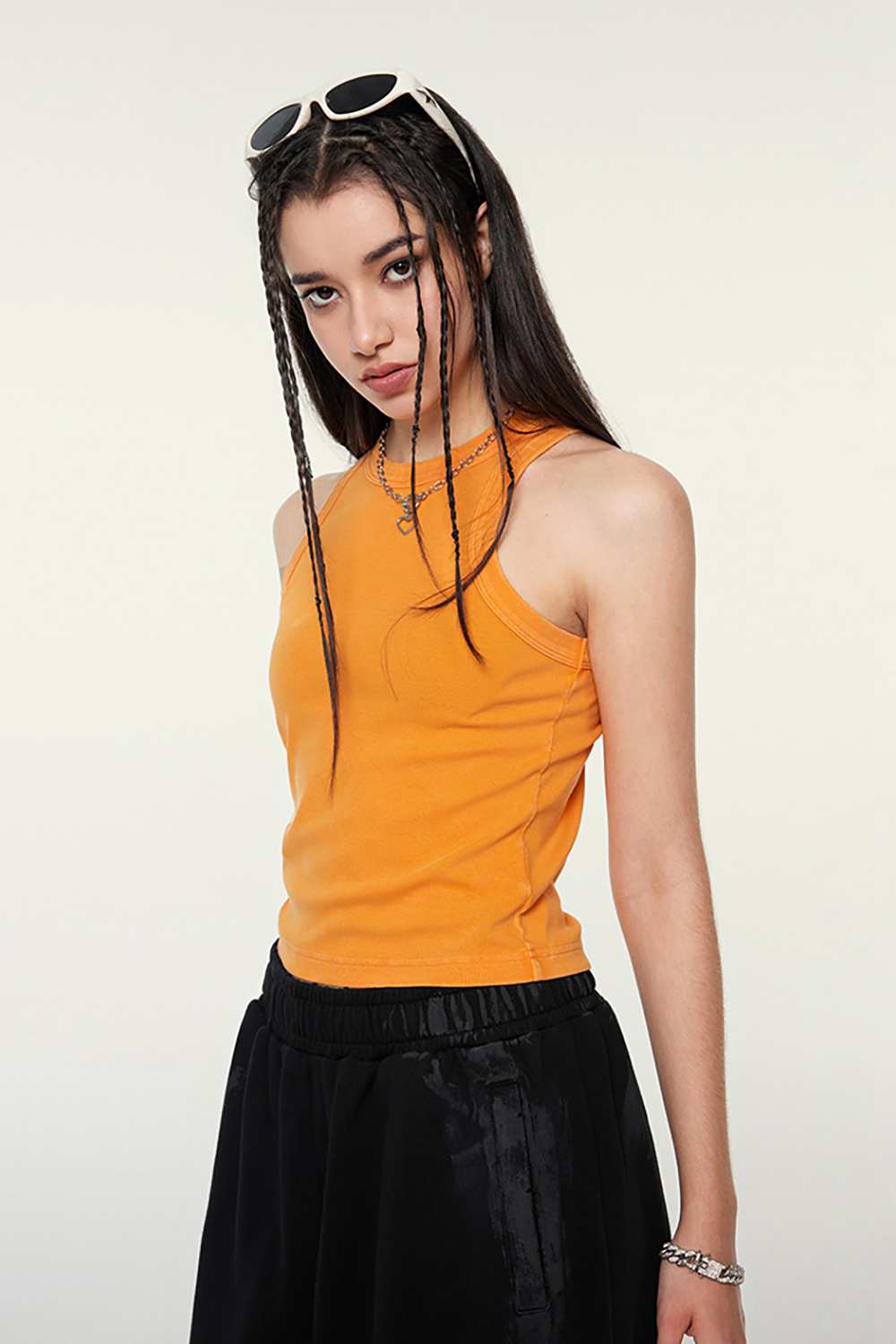 Washed Cotton-Stretch Fitted Cropped Tank Top in Orange - full-length back modeled view
