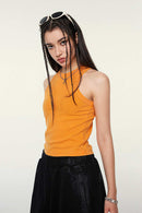 Washed Cotton-Stretch Fitted Cropped Tank Top in Orange - full-length back modeled view
