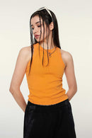 Washed Cotton-Stretch Fitted Cropped Tank Top in Orange - three-quarter front modeled view