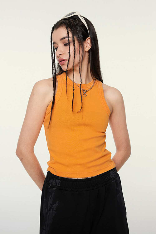 Washed Cotton-Stretch Fitted Cropped Tank Top in Orange - three-quarter front modeled view