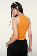 Washed Cotton-Stretch Fitted Cropped Tank Top in Orange - rear three-quarter modeled view