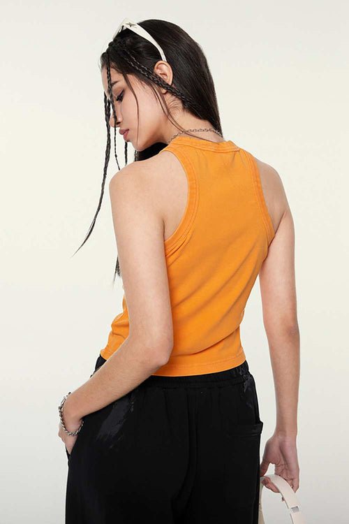 Washed Cotton-Stretch Fitted Cropped Tank Top in Orange - rear three-quarter modeled view