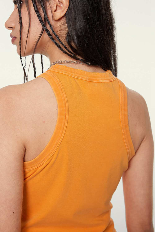 Washed Cotton-Stretch Fitted Cropped Tank Top in Orange - product detail close-up