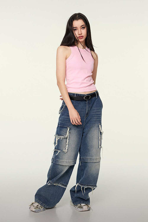 Washed Cotton-Stretch Fitted Cropped Tank Top in Pink - full-length front modeled view