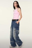 Washed Cotton-Stretch Fitted Cropped Tank Top in Pink - full-length side modeled view
