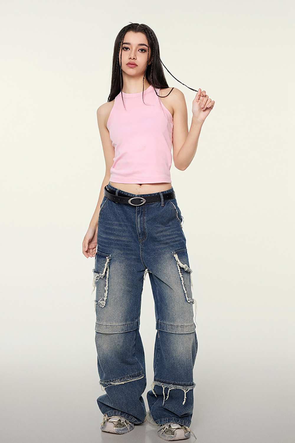 Washed Cotton-Stretch Fitted Cropped Tank Top in Pink - full-length front modeled view