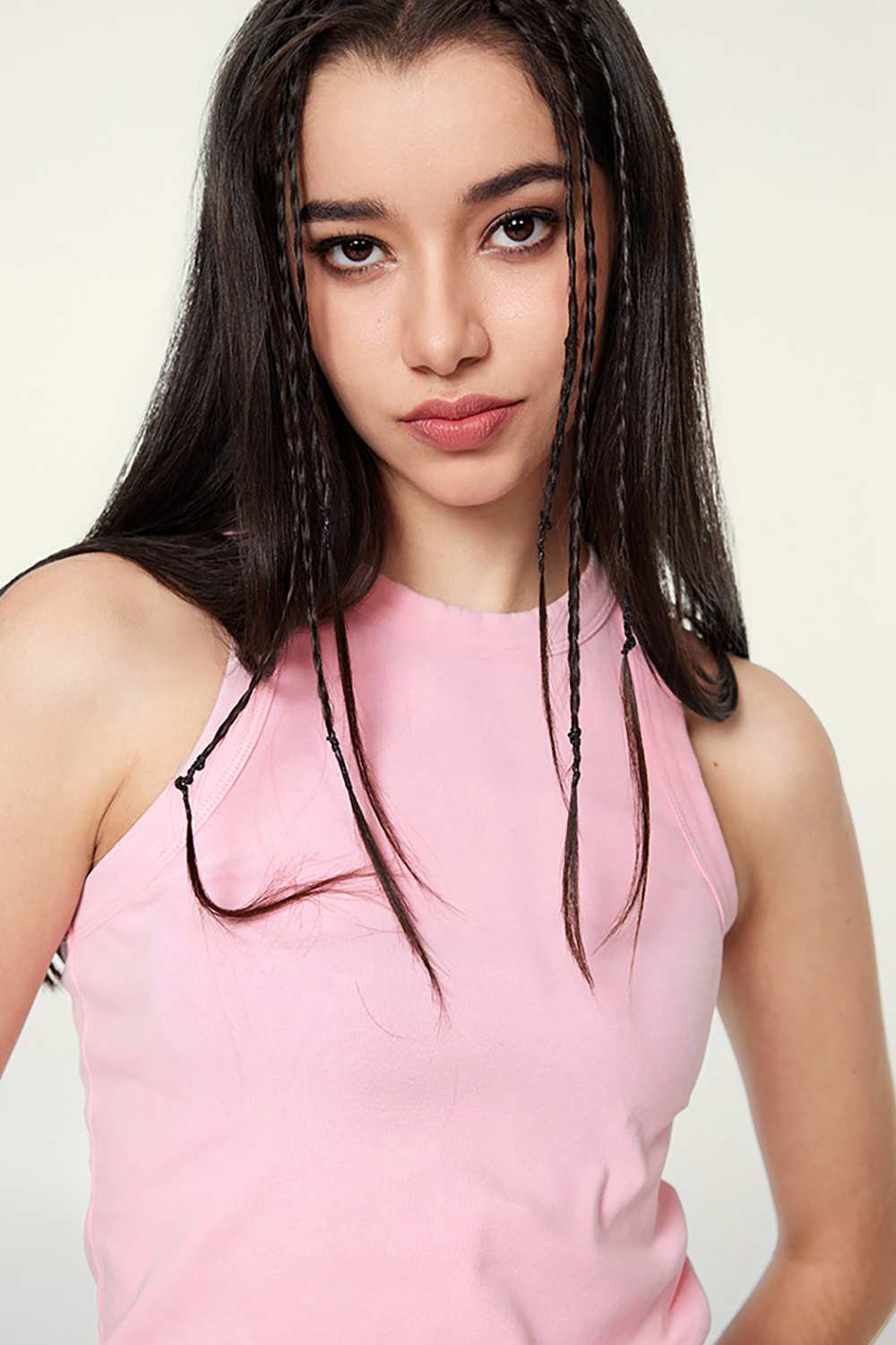 Washed Cotton-Stretch Fitted Cropped Tank Top in Pink - full-length back modeled view