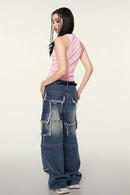 Washed Cotton-Stretch Fitted Cropped Tank Top in Pink - three-quarter front modeled view