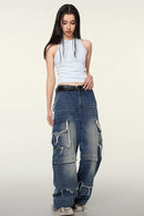Washed Cotton-Stretch Fitted Cropped Tank Top in Sky Blue - full-length front modeled view