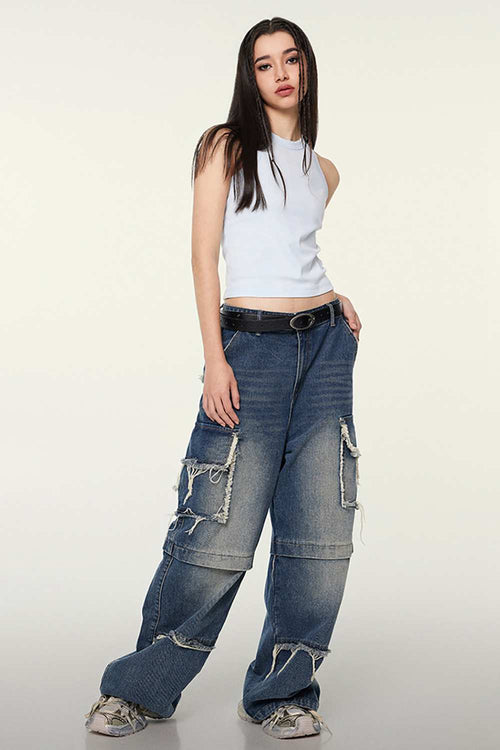 Washed Cotton-Stretch Fitted Cropped Tank Top in Sky Blue - full-length front modeled view