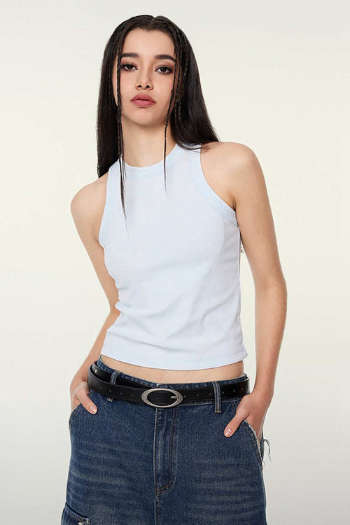 Washed Cotton-Stretch Fitted Cropped Tank Top in Sky Blue - front modeled view
