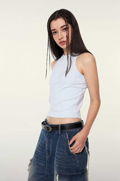 Washed Cotton-Stretch Fitted Cropped Tank Top in Sky Blue - three-quarter front modeled view