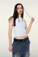 Washed Cotton-Stretch Fitted Cropped Tank Top in Sky Blue - front modeled view