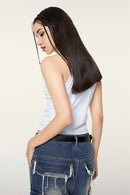 Washed Cotton-Stretch Fitted Cropped Tank Top in Sky Blue - rear three-quarter modeled view
