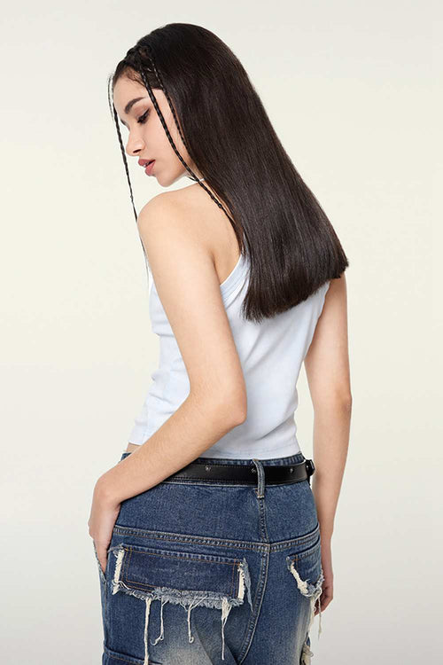 Washed Cotton-Stretch Fitted Cropped Tank Top in Sky Blue - rear three-quarter modeled view