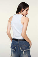 Washed Cotton-Stretch Fitted Cropped Tank Top in Sky Blue - rear three-quarter modeled view