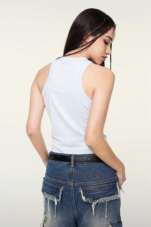 Washed Cotton-Stretch Fitted Cropped Tank Top in Sky Blue - rear three-quarter modeled view