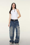 Washed Cotton-Stretch Fitted Cropped Tank Top in White - full-length front modeled view