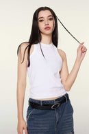 Washed Cotton-Stretch Fitted Cropped Tank Top in White - full-length front modeled view