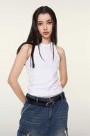 Washed Cotton-Stretch Fitted Cropped Tank Top in White - three-quarter front modeled view