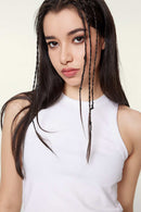 Washed Cotton-Stretch Fitted Cropped Tank Top in White - three-quarter front modeled view