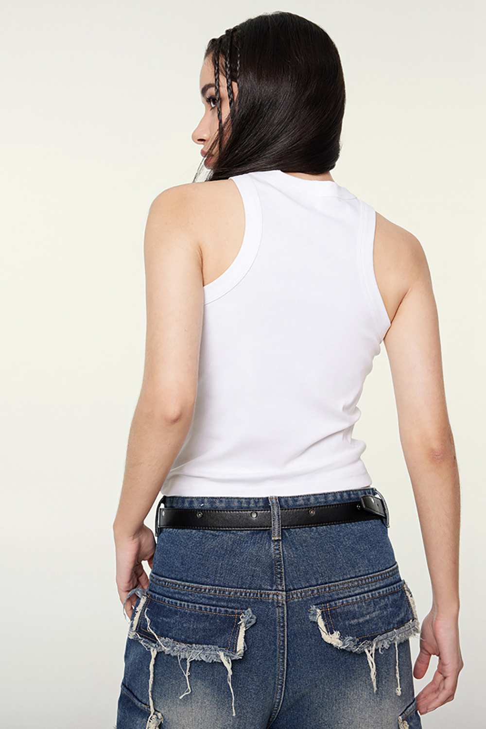 Washed Cotton-Stretch Fitted Cropped Tank Top in White - rear three-quarter modeled view