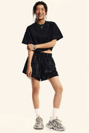 Distressed Washed Shorts - Active Black