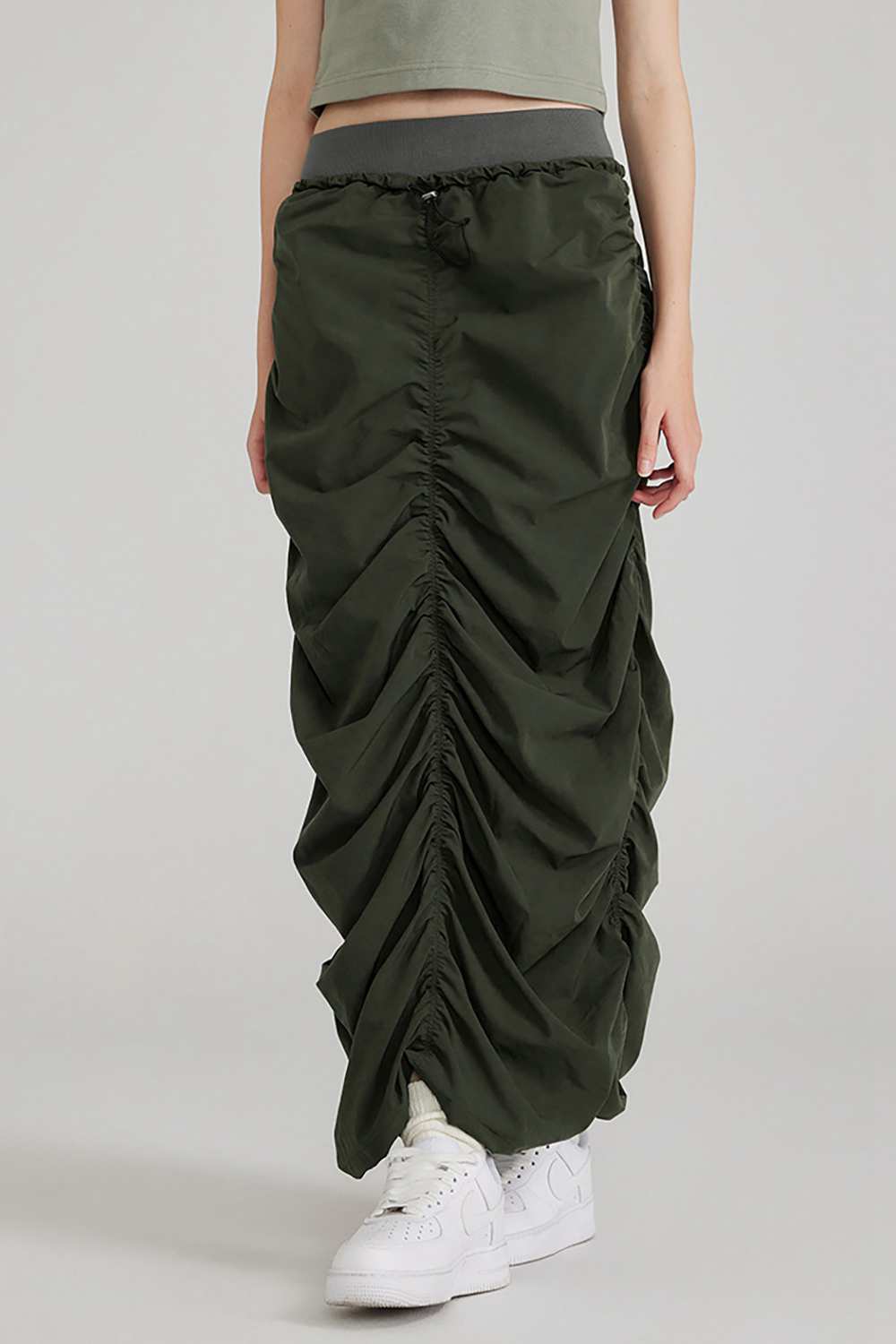 Women's Ruched Elastic Waist Long Skirt - Casual Stretch Outdoor Wear