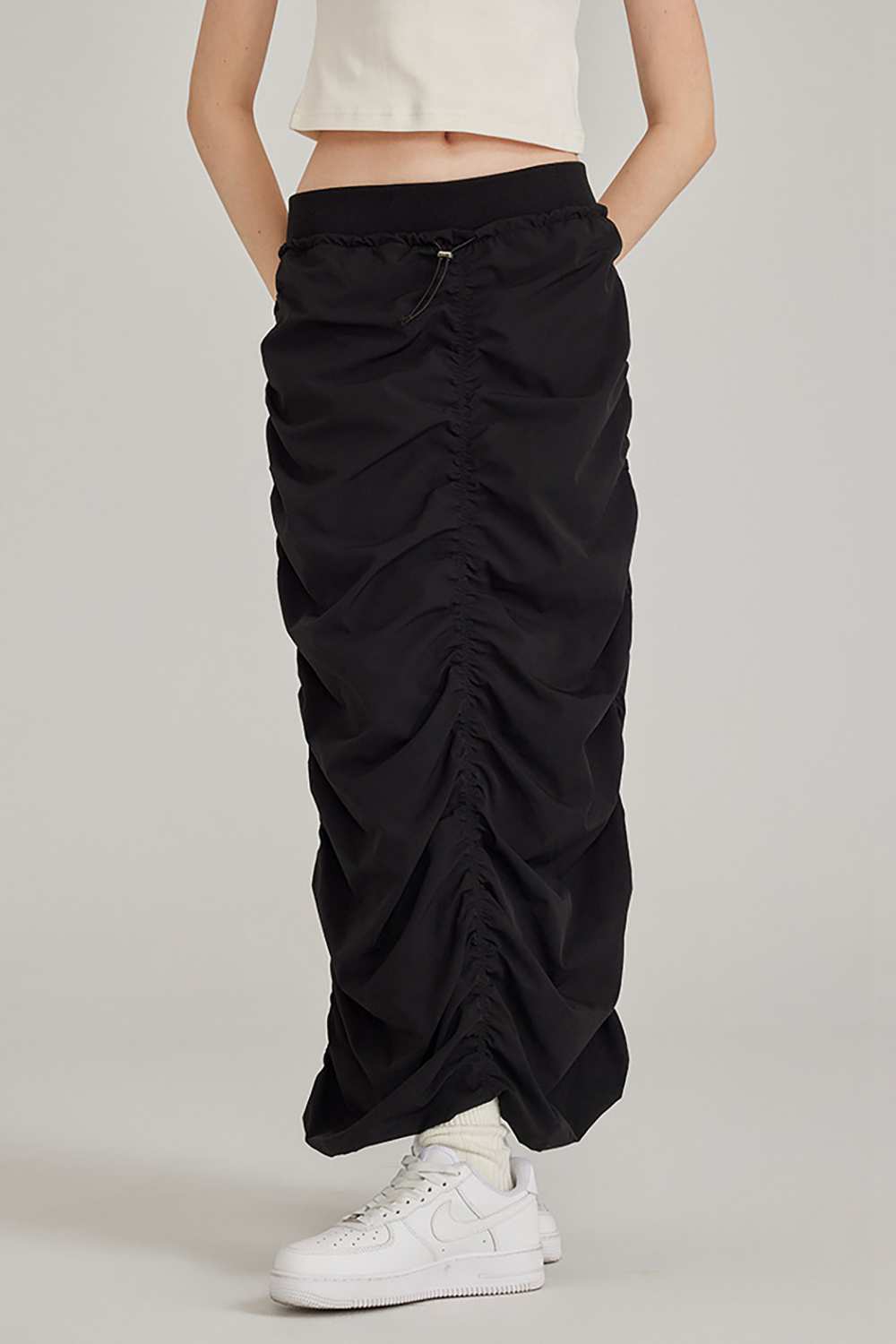 Women's Ruched Elastic Waist Long Skirt - Casual Stretch Outdoor Wear