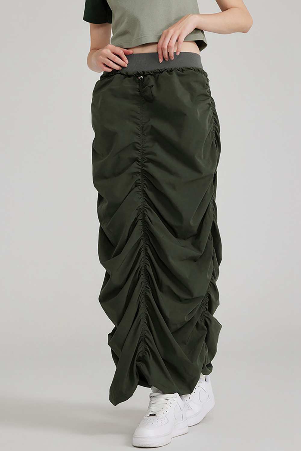 Women's Ruched Elastic Waist Long Skirt - Casual Stretch Outdoor Wear