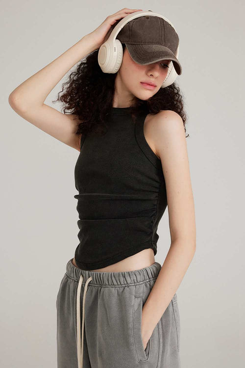 Washed Ruched-Side Cropped Tank Top in Fried Snowflakes - three-quarter front modeled view