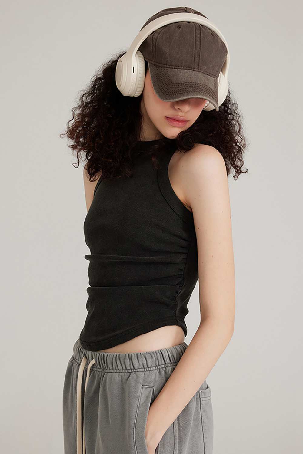 Washed Ruched-Side Cropped Tank Top in Fried Snowflakes - side modeled view