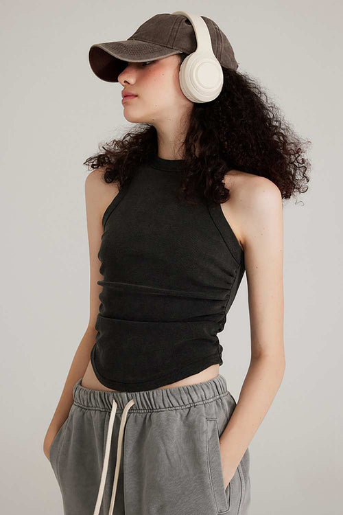 Washed Ruched-Side Cropped Tank Top in Fried Snowflakes - side modeled view