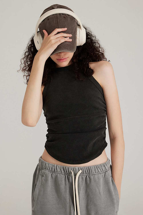 Washed Ruched-Side Cropped Tank Top in Fried Snowflakes - front modeled view