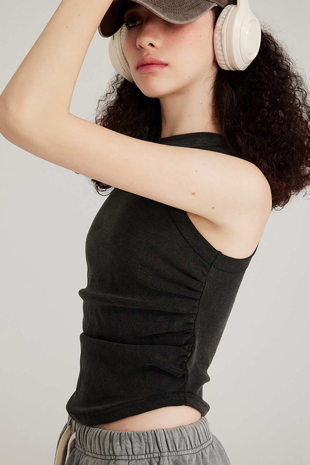 Washed Ruched-Side Cropped Tank Top in Fried Snowflakes - side modeled view