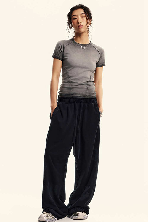 Gradient-Wash Raglan Cropped T-Shirt in Dark Gray - full-length front modeled view
