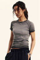 Gradient-Wash Raglan Cropped T-Shirt in Dark Gray - three-quarter front modeled view