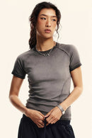 Gradient-Wash Raglan Cropped T-Shirt in Dark Gray - three-quarter front modeled view