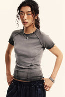 Gradient-Wash Raglan Cropped T-Shirt in Dark Gray - front modeled close-up
