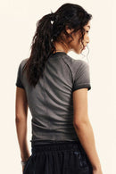 Gradient-Wash Raglan Cropped T-Shirt in Dark Gray - rear three-quarter modeled view