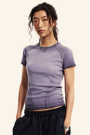 Gradient-Wash Raglan Cropped T-Shirt in Grape Purple - front modeled close-up