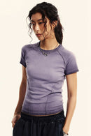 Gradient-Wash Raglan Cropped T-Shirt in Grape Purple - three-quarter front modeled view
