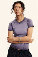 Gradient-Wash Raglan Cropped T-Shirt in Grape Purple - front modeled view