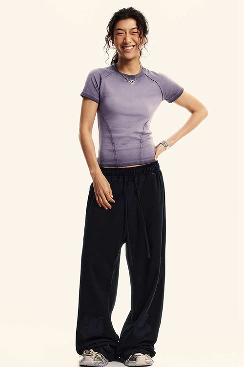 Gradient-Wash Raglan Cropped T-Shirt in Grape Purple - full-length front modeled view