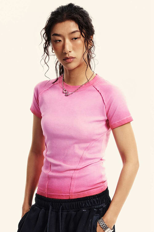 Gradient-Wash Raglan Cropped T-Shirt in Rose Pink - full-length front modeled view