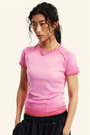 Gradient-Wash Raglan Cropped T-Shirt in Rose Pink - three-quarter front modeled view