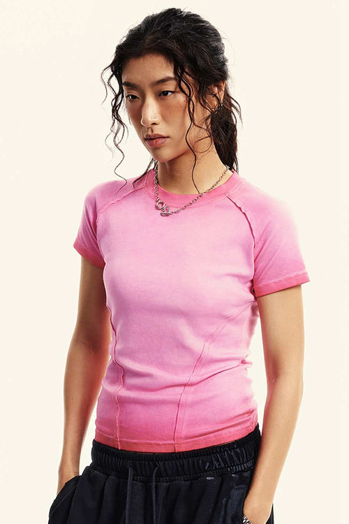 Gradient-Wash Raglan Cropped T-Shirt in Rose Pink - three-quarter front modeled view
