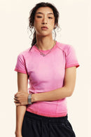 Gradient-Wash Raglan Cropped T-Shirt in Rose Pink - front modeled close-up