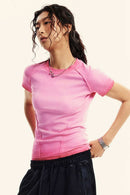 Gradient-Wash Raglan Cropped T-Shirt in Rose Pink - three-quarter front modeled view